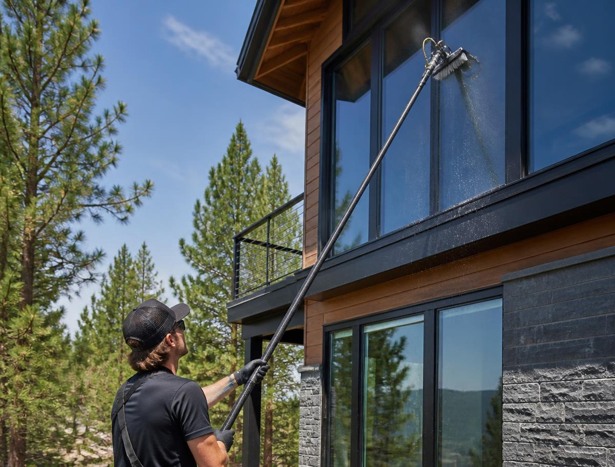 Window cleaning technician using an XERO pure water fed pole on a North Idaho home